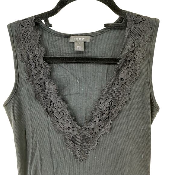 NWOT Halogen Peek-a-boo v neck lace trim ribbed tank top in black womens small - Picture 3 of 8